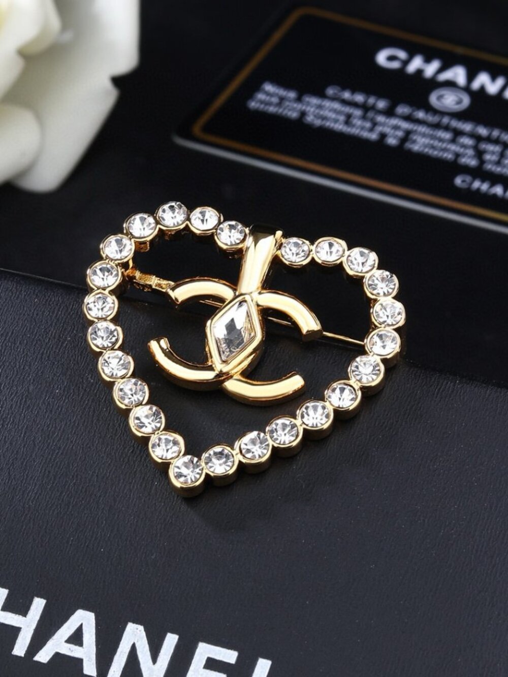 CHANEL Crystal Heart CC Logo Gold-Tone Brooch Pin
